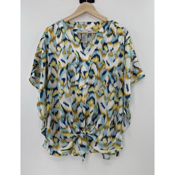 Chicos Ikat Print‎ Satin Poncho Lightweight Tie Front Blouse Sz 1.5 Boho Artsy - Picture 1 of 11